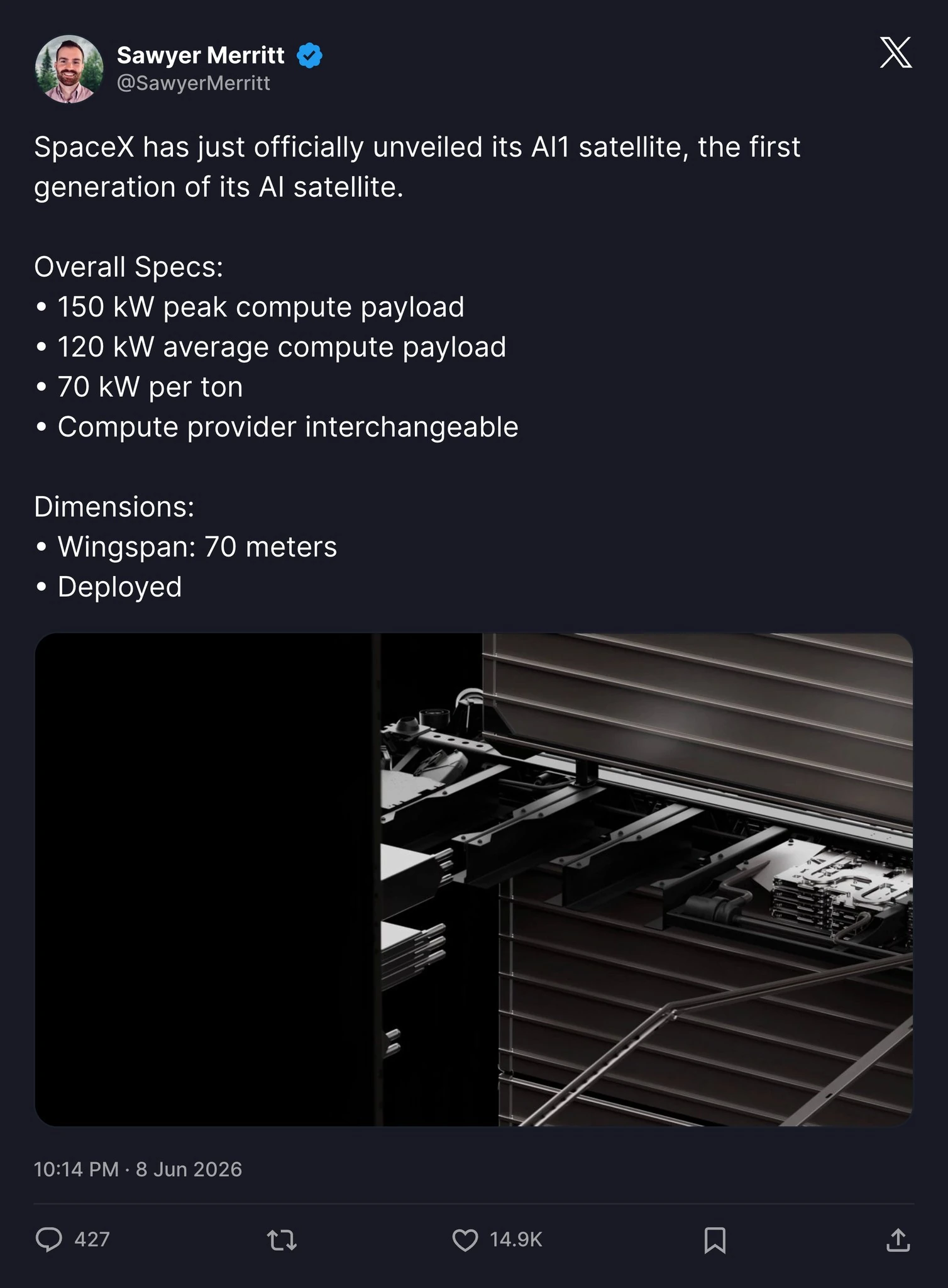 A next-generation Starlink satellite with expanded solar arrays