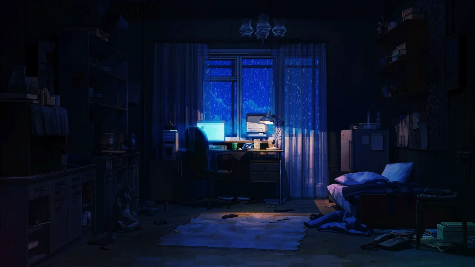 A cinematic virtual room at night